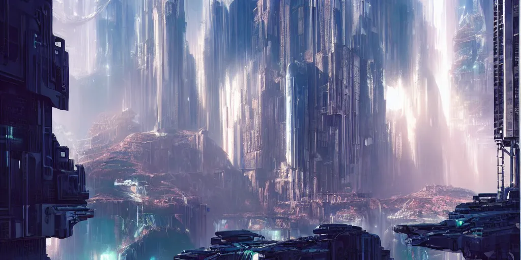 Image similar to beautiful waterfall between lush mountains late at night casting rays of light into futuristic cyberpunk city below, highly detailed, modern architecture, sharp focus, artgerm, cgsociety, desaturated by syd mead