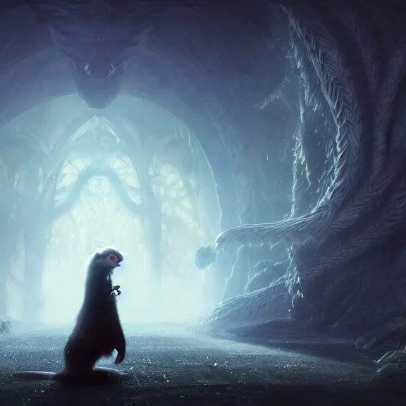 Prompt: a movie still from final fantasy live action, a ferret with personality, evocative, mystical night, sharp focus, very very very very detailed, award winning, masterpiece digital painting by greg rutkowski, alex grey, marc adamus, beautiful dramatic lighting, artstation, 4 k wallpaper, style by peter deligdisch, peterdraws