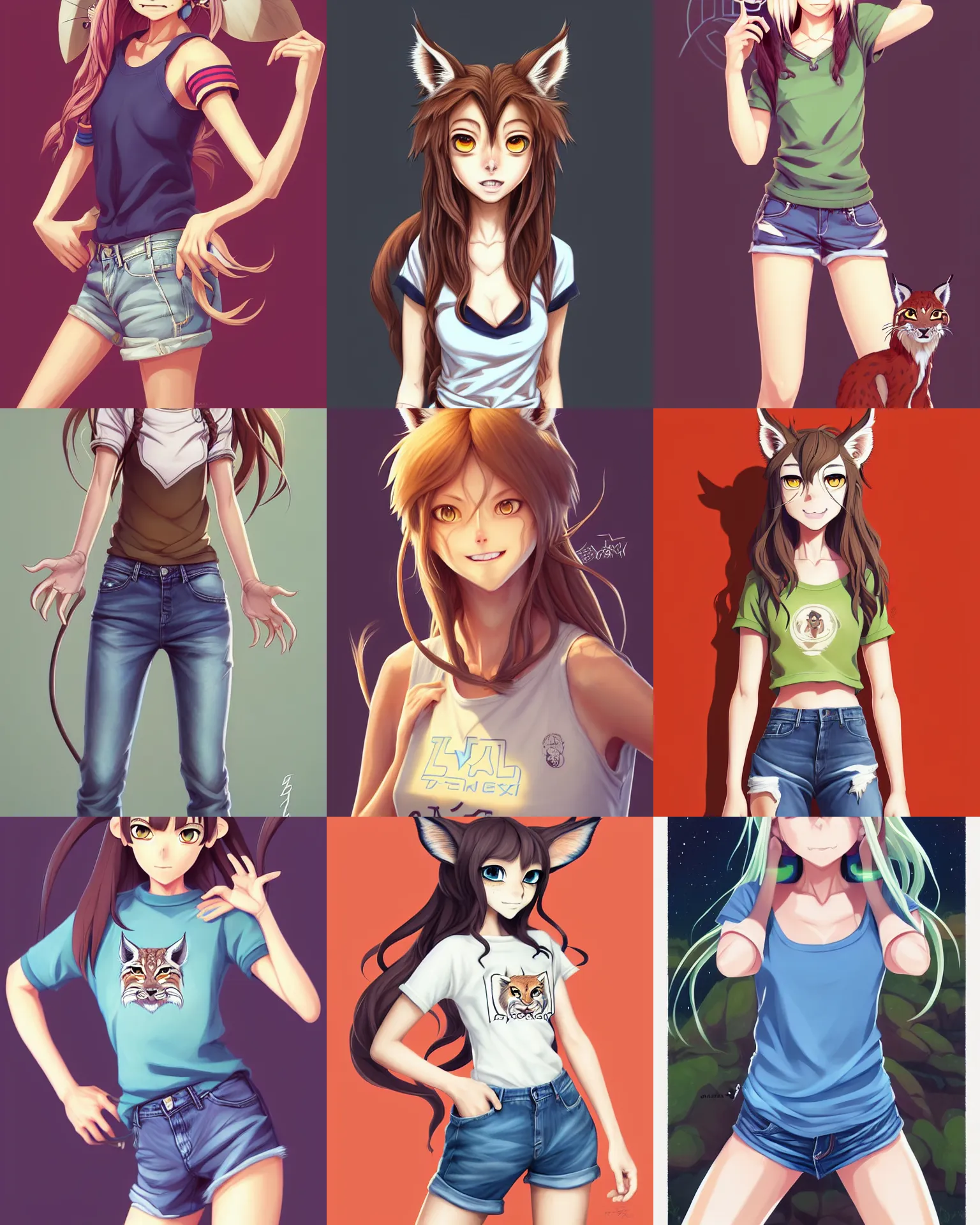 Prompt: fullbody portrait of half - lynx woman with lynx nose and ears, wearing summer jeans shorts and tshirt, anime art, concept art, detailed attractive face, symmetrical, trending on pixiv, by lois van baarle by sung choi by john kirby artgerm style pascal blanche and magali villeneuve, ghibli studio