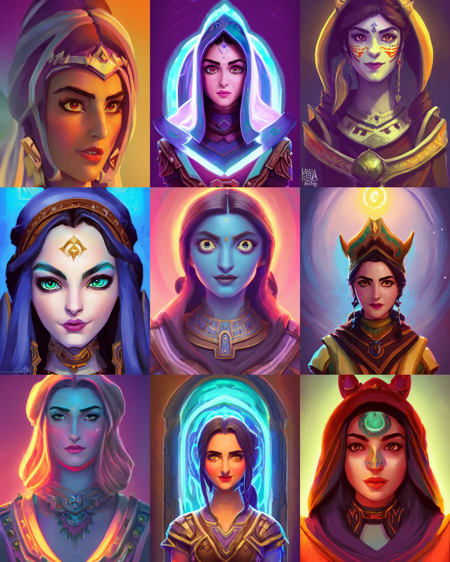 Prompt: front facing symmetrical centered painted portrait, just one head, Maya Ali as Warcraft Mage, RPG character avatar, Hearthstone concept art, pixar, dreamworks, gradient background, splash comics, global illumination lighting, trending on artstation, by lois van baarle, ilya kuvshinov, rossdraws