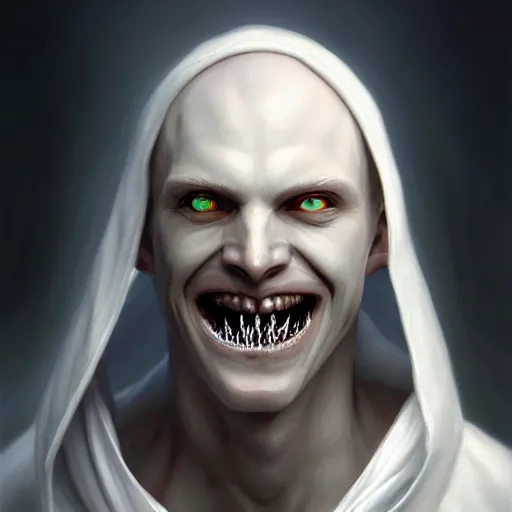 Prompt: Pale-skinned man with a pinched face, crazed eyes, and a strained toothy grin smile. He has short blond unwashed hair. He wears a stained white cultist robe. Epic fantasy art, award winning on Artstation, intricate, elegant, highly detailed, digital painting, concept art, smooth, sharp focus, illustration, art by artgerm and greg rutkowski and alphonse mucha