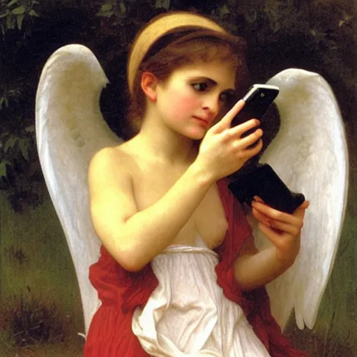 Image similar to an oil painting of an angel talking with an iPhone close to her ear, by Bouguereau, highly realistic and intricate