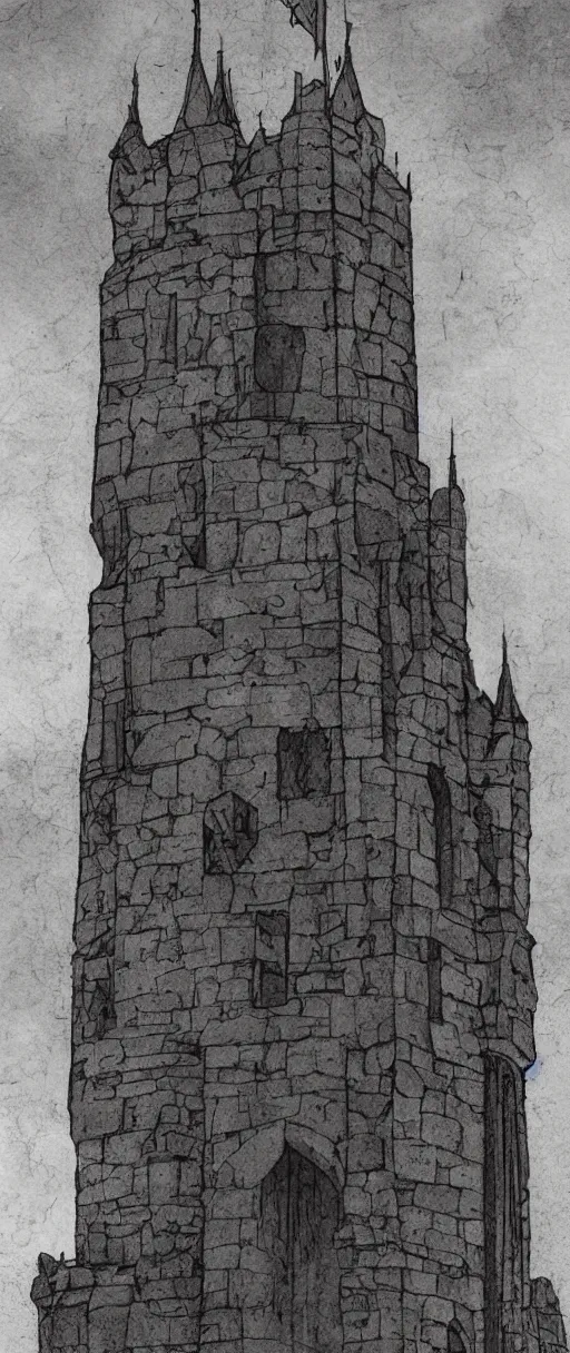 Image similar to gloomy illustration of a high medieval tower with dark stones, artstation
