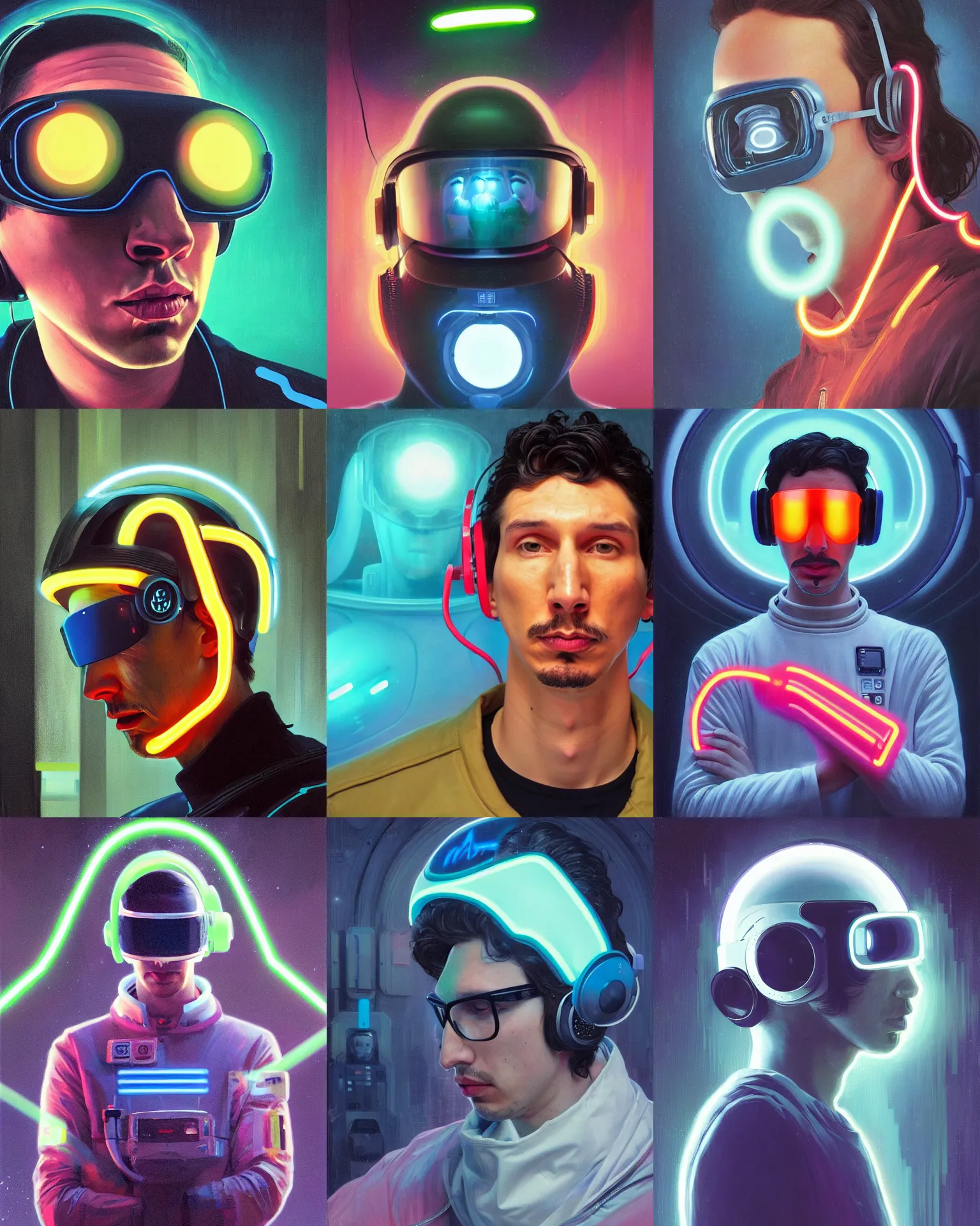 Prompt: adam driver as a future coder looking on, glowing visor over eyes and sleek neon headphones, neon accents, bottom lighting, desaturated headshot portrait painting by dean cornwall, ilya repin, rhads, tom whalen, alex grey, alphonse mucha, donoto giancola, astronaut cyberpunk electric fashion photography