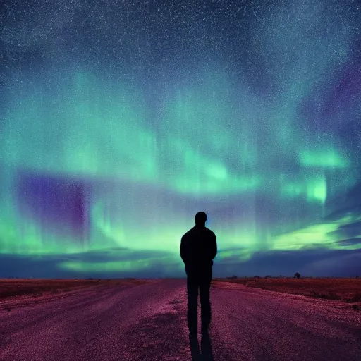 Image similar to 4K Epic Ultra HD detailed award-winning wallpaper silhouette of lonely man holding a bright flashlight looking at huge vast sky universe Milky Way aurora