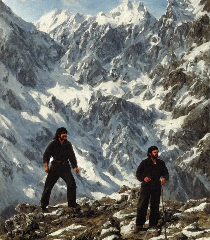 Image similar to Che Guevara wandering aimless arround in the austrian alps. Detailed oil painting by Franz Defregger.