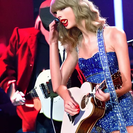 Image similar to taylor swift smashing a guitar over the head of hank williams jr, ultra realistic, highly detailed,