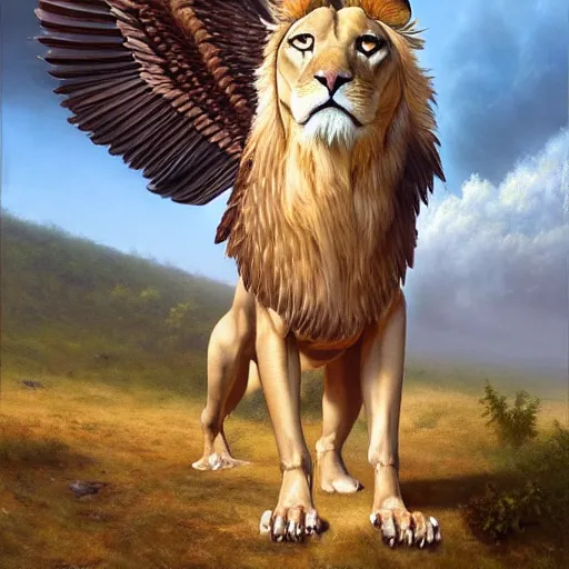Image similar to a realistic oil painting of a winged lion's body with an eagle head, highly detailed, trending on artstation, by james gurney and michael whelan