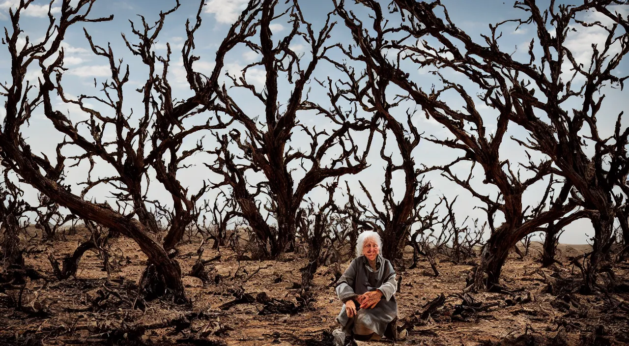 Prompt: full shot of a 65-year-old Gaia, visible tears on her face, facing the camera and sitting on a dried up river in a desolate land, dead trees, blue sky, hot and sunny, highly-detailed, elegant, dramatic lighting, artstation, 4k, cinematic landscape, photograph by Elisabeth Gadd