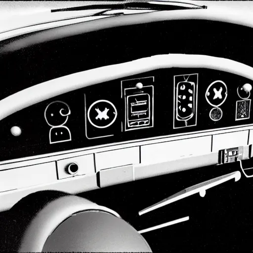 Image similar to photorealistic control panel from the 1 9 5 0's in a car featuring ejection seats, weapons control, and hyperdrive, realistic, 8 k resolution, front view