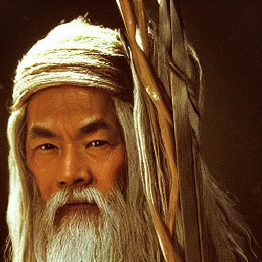 Image similar to a still from “ lord of the rings ” of a head and shoulders portrait of fei lung as a wizard with a hat and a wooden staff, photo by phil noto