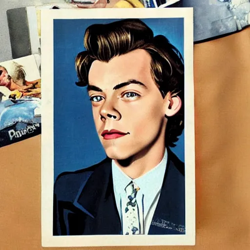 Prompt: “Harry Styles portrait, color vintage magazine illustration 1950”
