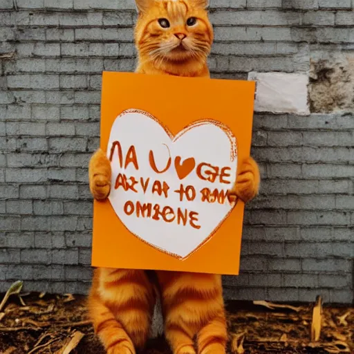 Prompt: golden hours, cute orange tabby cat holding a sign that says