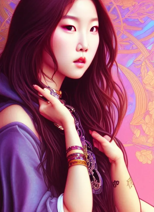 Image similar to roseanne park of blackpink, goddess, tarot card, highly detailed, digital painting, smooth, sharp focus, illustration, ultra realistic, 8 k, art by artgerm and alphonse mucha