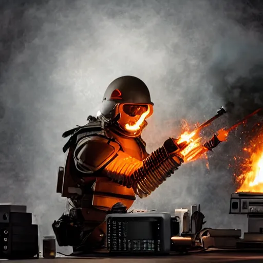 Image similar to angry man in juggernaut armor burning a desktop tower pc with a military flamethrower