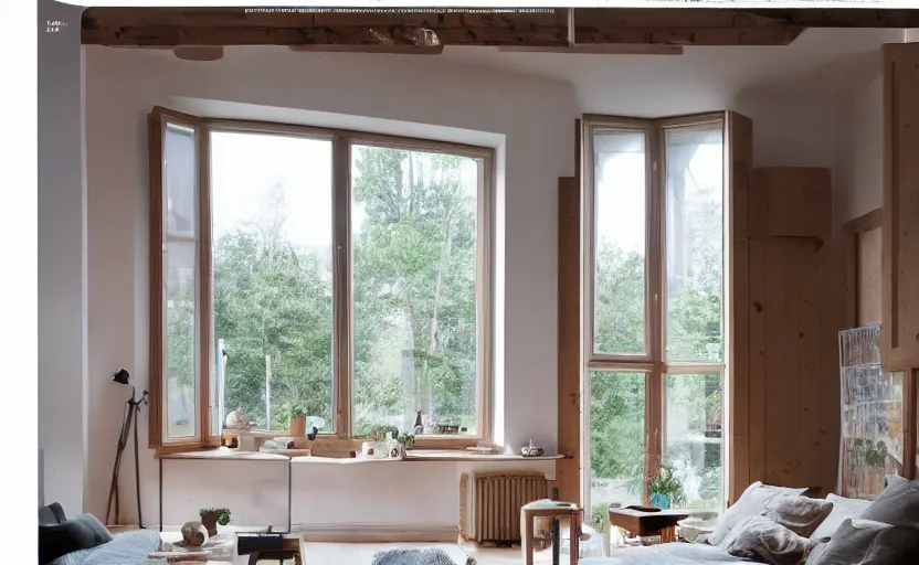 Image similar to interior design magazine photo of a big window with a wooden frame to sit on, great architecture, ambient light, ikea catalogue, 8k