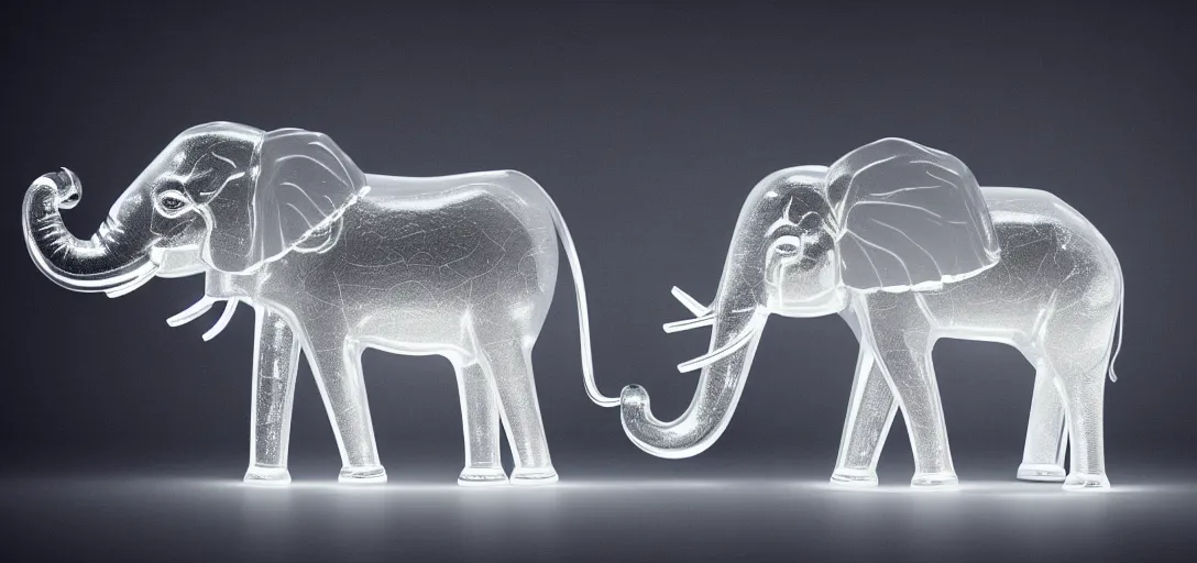 Image similar to a wide shot of transparent silver handcrafted elephant, electric lights inside the elephant, jewelry lighting, studio lighting, dark background, photorealistic, octane render, unreal engine