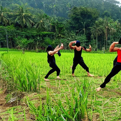 Prompt: ninja training in a rice fields fighting with a giant monster lobster