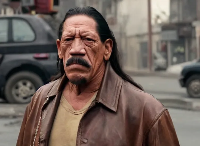 Image similar to film still of Danny Trejo roaming the dirty streets in the new Deathwish, 4k