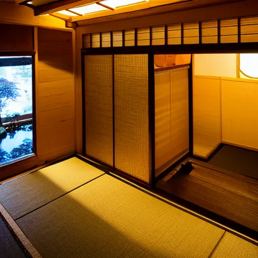 Prompt: inside a cozy wooden Japanese house with a indoor koi pond, bonsai trees, stream flowing through the house, unseen marine life, golden hour, peaceful, calm, atmospheric