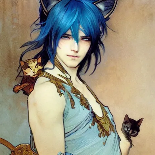 Image similar to Portrait of a pretty fantasy catboy with blue hair and cute small cat ears. Art by Greg Rutkowski and Alphonse Mucha