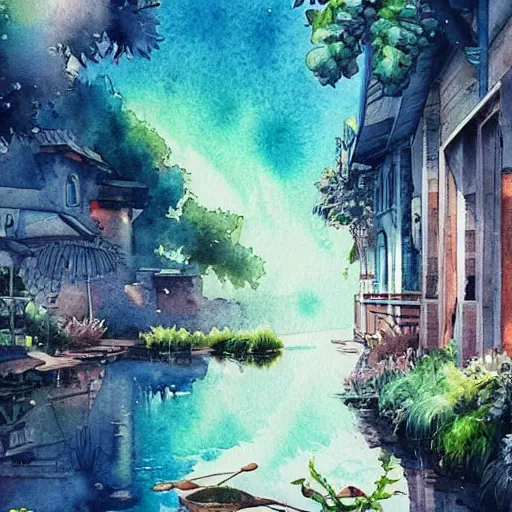 Image similar to Beautiful happy picturesque charming sci-fi town in harmony with nature. Beautiful light. Water and plants. Nice colour scheme, soft warm colour. Beautiful detailed watercolor by Lurid. (2022)