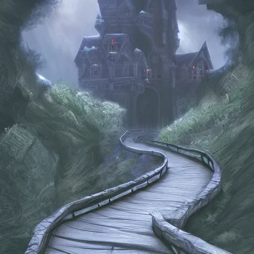 Image similar to a long winding pathway with deep cliffs on both sides, with a mysterious dark castle at the of the path, digital art, 8 k, concept art