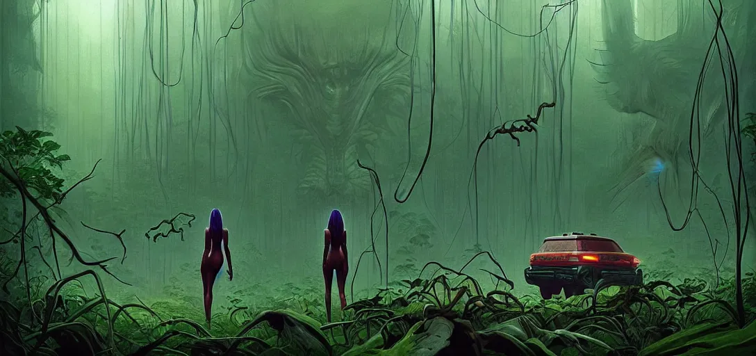 Image similar to scary creature lurking over a beautiful woman in a verdant jungle, epic science fiction horror by simon stalenhag and mark brooks, extremely detailed