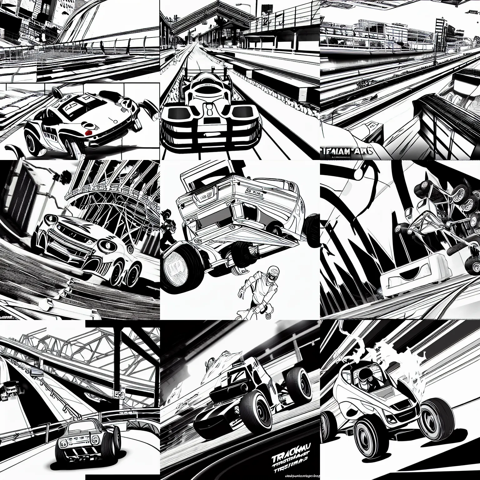 Prompt: trackmania in manga style, black and white, action, manga, comic