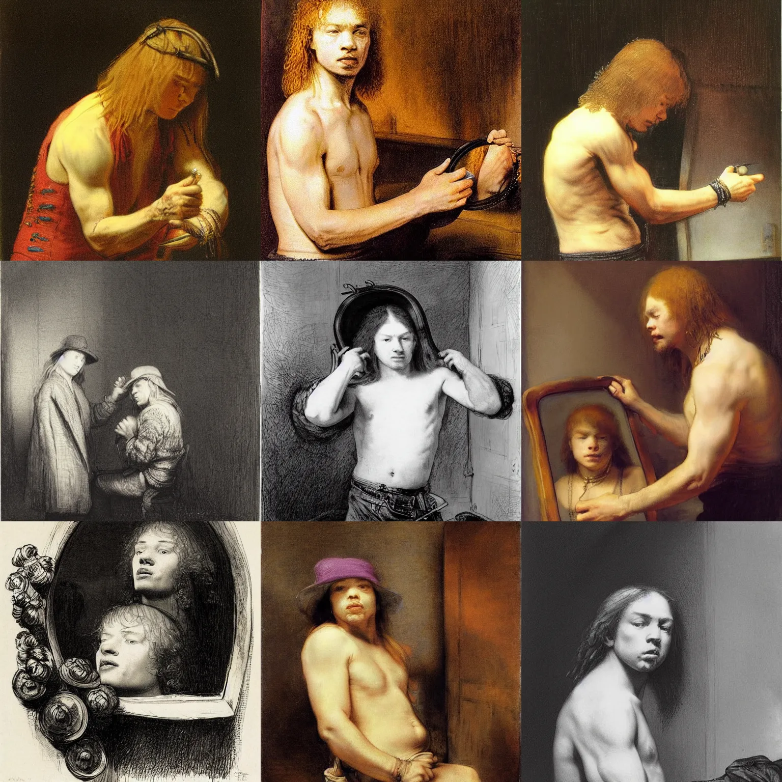Prompt: young axl rose cutting his hair in front of a mirror, by rembrandt