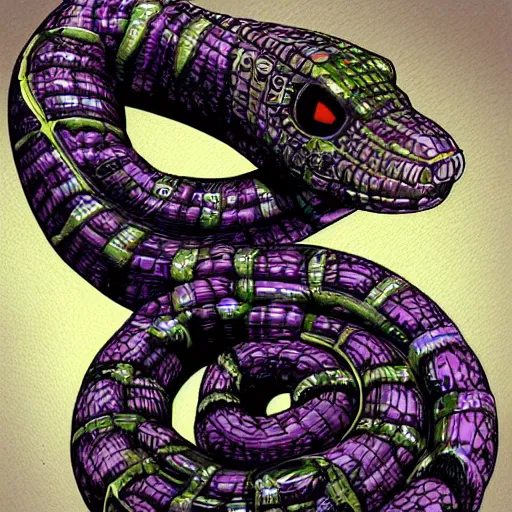 Prompt: cyborg serpent, portrait, digital art