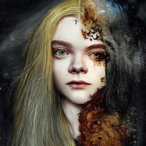 Image similar to Elle Fanning in the painted world of Dark Souls, head and shoulders masterpiece, apocalypse, golden hour, cosmic horror, artstation, in the style of Dada, extremely detailed