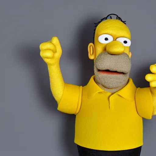 Image similar to homer simpson as a muppet with yellow skin, brown mouth, white polo shirt. highly detailed felt. hyper real photo. 4 k.