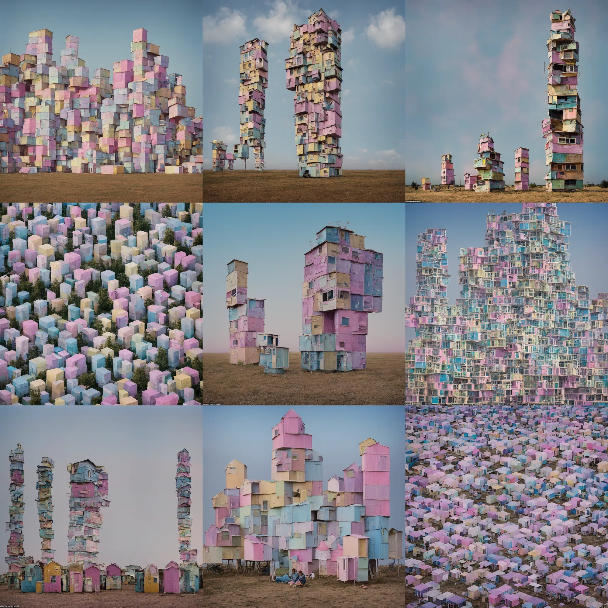 Prompt: a tower made up of makeshift squatter shacks with pastel colours, mamiya, 8 5 mm, f 1. 7, fully frontal view, uniform plain sky, fine details, photographed by julie blackmon and andreas gursky