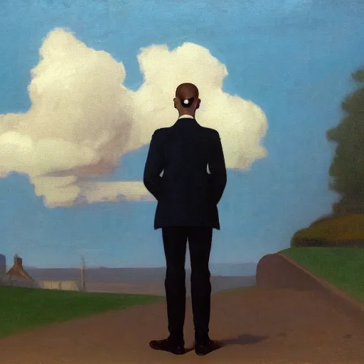 Prompt: a portrait painting of a man in a suit with a skull as his head smoking a cigarette, head is surrounded by clouds, in the style of Edward Hopper and William Adolphe Bouguereau, 4k,