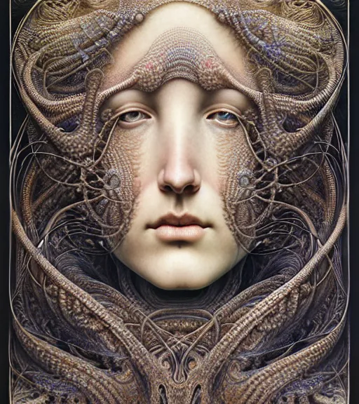 Prompt: detailed realistic beautiful radiant goddess face portrait by jean delville, gustave dore, iris van herpen and marco mazzoni, art forms of nature by ernst haeckel, art nouveau, symbolist, visionary, gothic, neo - gothic, pre - raphaelite, fractal lace, intricate alien botanicals, biodiversity, surreality, hyperdetailed ultrasharp octane render