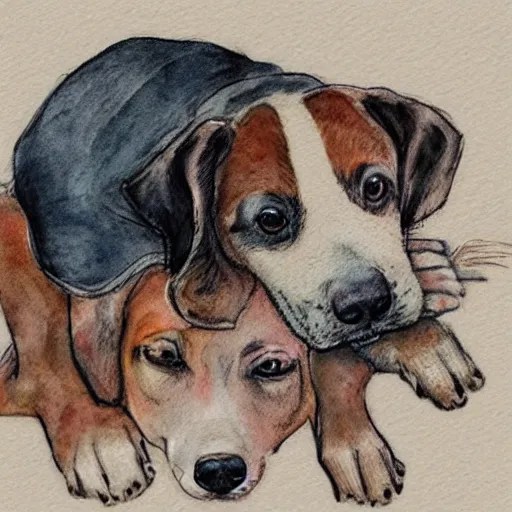 Prompt: detailed whimsical pencil and watercolor illustration of a mommy dog and a daddy dog hugging their puppy with all dogs eyes shut and happy expressions