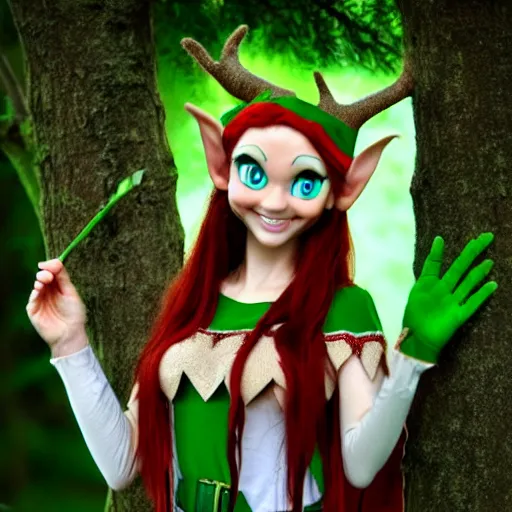 Image similar to elf druid, feminine, smiling, freckles, green eyes, red hair, tall