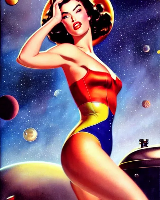 Image similar to closeup beautiful retro space megan fox varga girl, posing on a chrome space ship in diesel punk city, windblown dark hair, seductive, hyper detailed, digital art, smooth, sharp focus, gil elvgren, anna dittmann alberto vargas, 1 9 5 0, when mars attacks