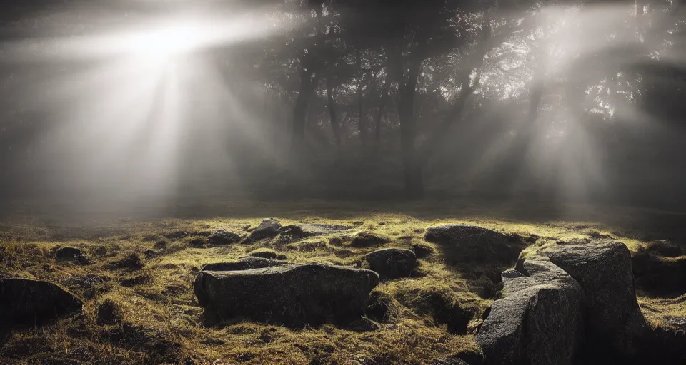 Prompt: landscape photo showing a huge hand made of stone in the background, dramatic lighting, hazy atmosphere, god rays