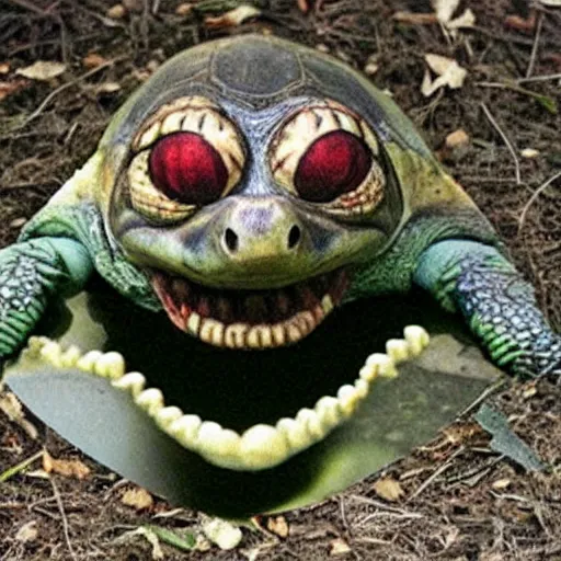 Image similar to photo of a terrifying turtle with a nightmarish disfigured face, creepy eyes and mouth, nightmare fuel, creepypasta