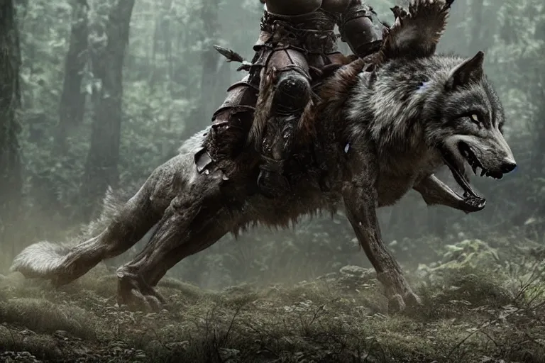 Image similar to vfx movie closeup detailed ancient armored warrior orc hunting riding large wolf in the forest, natural lighting by emmanuel lubezki