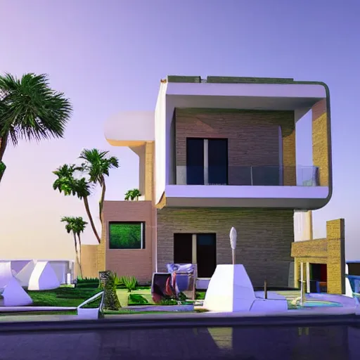 Prompt: a 4 k hd picture of a modern day house in the middle of egypt, digital art