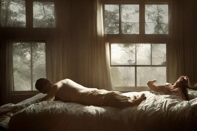 Image similar to vfx movie scene sleep paralysis night, a monster outside the extravagant bedroom window, natural lighting by emmanuel lubezki