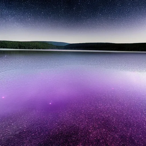 Image similar to Stunning 4K photograph of a lake covered in purple mist. All the stars in the night sky are completely black. The stars are black.