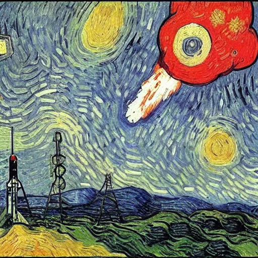 Image similar to a painting of a space ship launching by van gogh