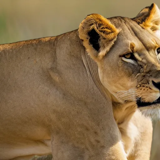 Image similar to a lioness, looking intensely at the camera, licking her mouth, 4 k, nature photograph