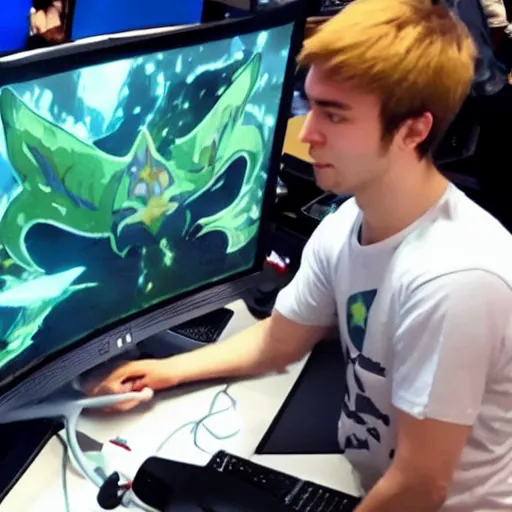 Prompt: korok from team liquid dota 2 smashes his monitor in rage