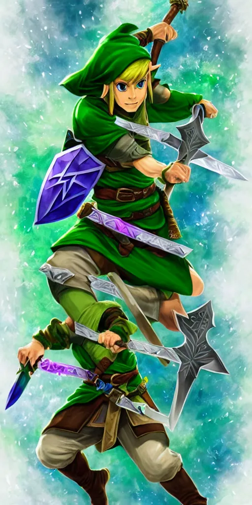 Image similar to link dressed in traditional green tunic and cap, holding the master sword and hylian shield in each hand, in dynamic fighting pose, clear detailed face with focused expression, mystical forest background, dark skies, green purple blue pink iridescent color scheme, intricately detailed, finely textured, cgsociety