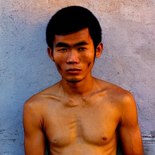 Prompt: A young Thai man in his 20s wearing a tanktop with a big pregnant belly, photographed by Steve McCurry